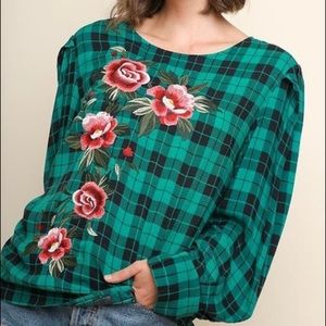 Floral embroidered jade color plaid top.